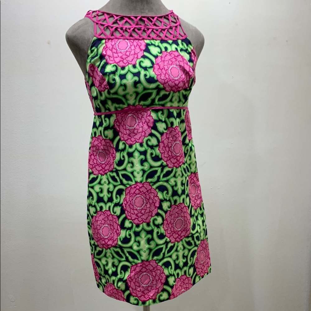 Lilly Pulitzer pink green lattice, floral sleeveless silk dress size small